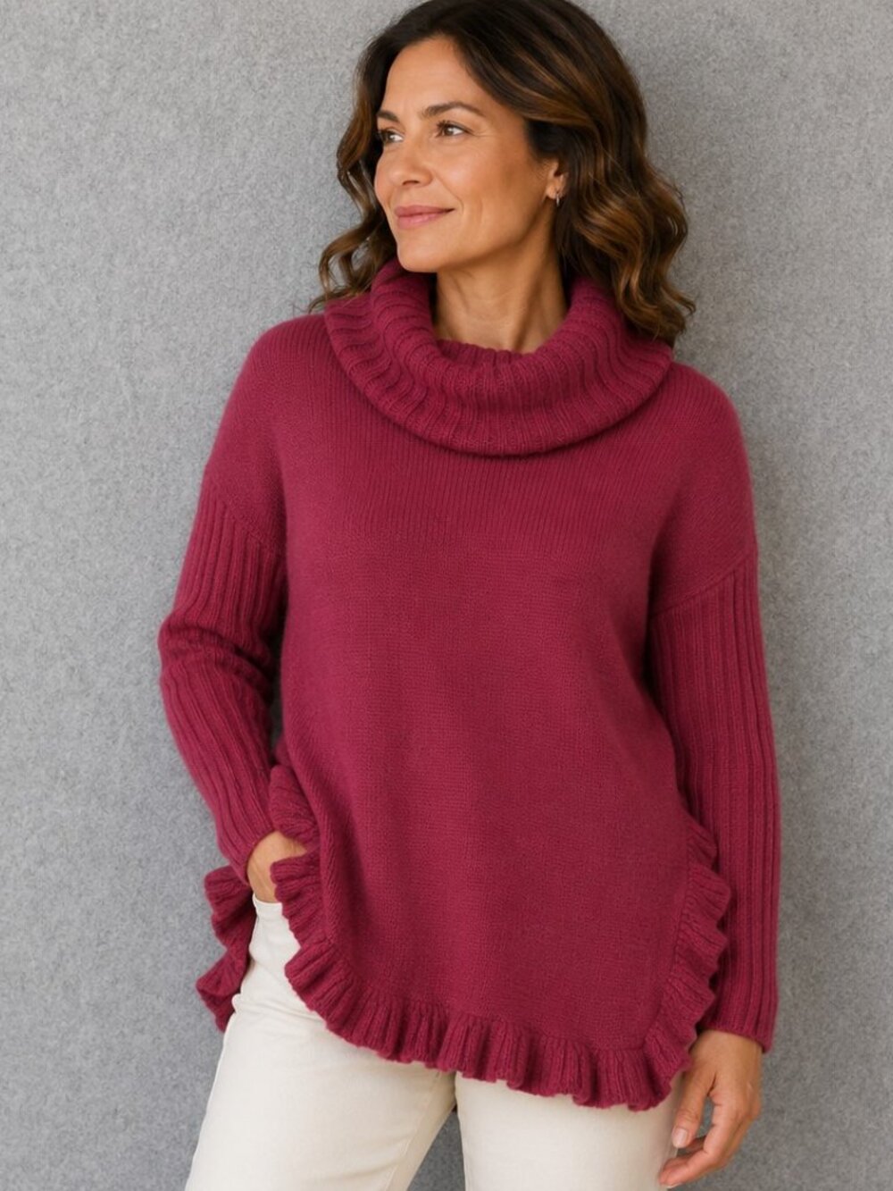 Alya Sweater Women Small Medium Red Cowl Neck Tunic Knit Pullover Drop Sleeves